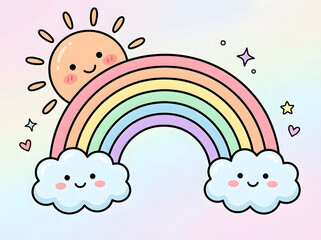 Fototapeta premium Charming illustration of a cheerful sun peeking over a vibrant pastel rainbow with adorable smiling clouds, symbolizing happiness, dreams, and a bright, whimsical outlook for children's designs