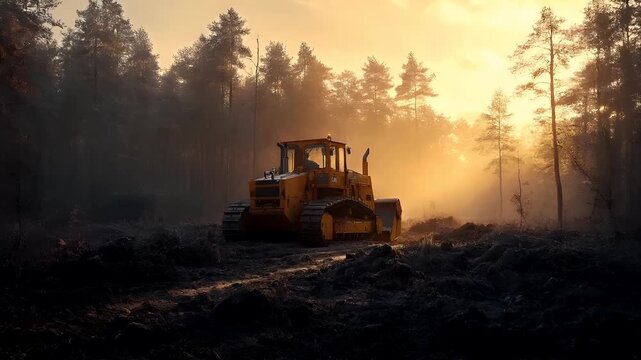 Deforestation. Environment conservation. Ecosystem. A vivid portrayal of a yellow bulldozer in a forest during what appears to be either dawn or dusk.