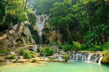 Clear turquoise water cascades over tiered limestone formations, surrounded by dense green forest at Kuang Si Waterfalls in northern Laos. Sunlight filters through the canopy, highlighting lush © Florent