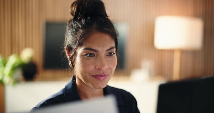 Reading, business woman or laptop in office, portfolio management or data entry for client info update. Assets details, paperwork or account manager with computer for record revision, review or smile