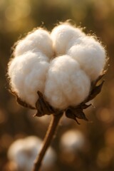 Obraz premium Cotton boll showing white, soft fiber in warm sunlight, signifying agriculture, harvest, purity, and organic textile