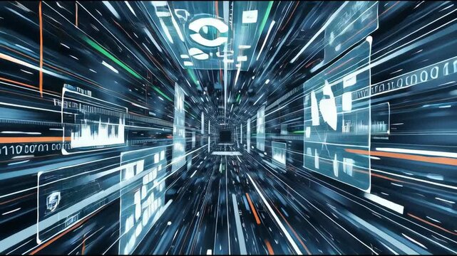 Abstract digital tunnel animation with data flow and futuristic visualization