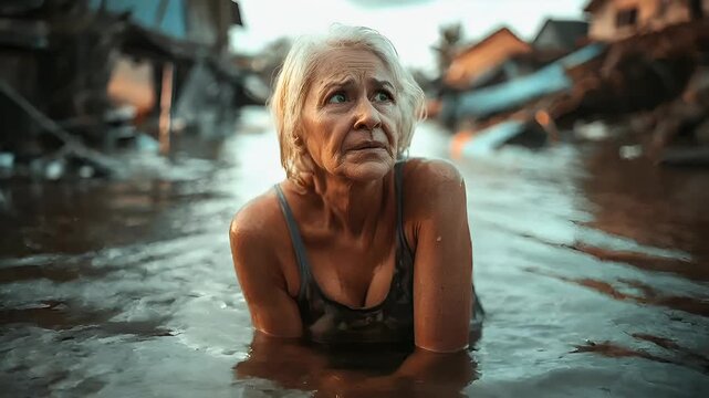 Natural disaster. Devastating loss aftermath scene. A detailed, realistic portrayal of an elderly woman immersed in water.