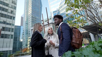 Multiethnic business team members having a conversation outdoors