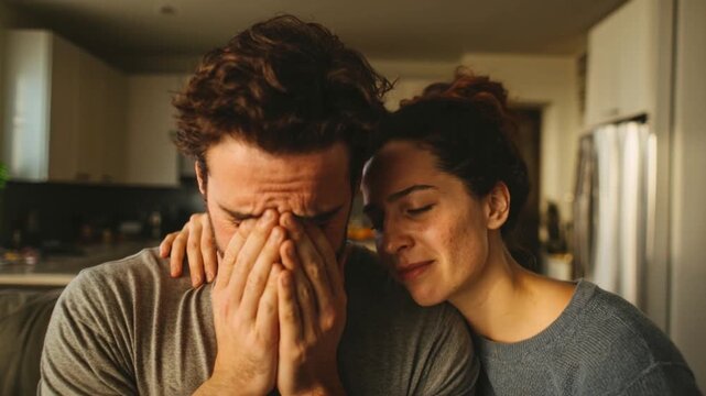 Supportive couple moment, man covering face in distress, woman consoling him
