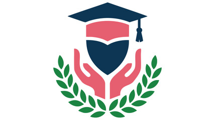 Educational support and academic shield emblem featuring graduation cap and helping hands