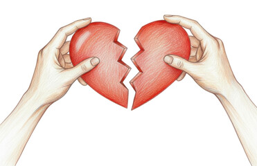 Obraz premium Hands Holding Two Halves Of Broken Red Heart illustrating concept of heartbreak and lost love with fingers pulling apart symbol of romance created in colored pencil style.