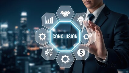 Business professional presenting a conclusion with futuristic interface icons related to business success and strategy in a modern cityscape at night
