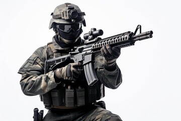 Naklejka premium Military soldier in tactical gear holding a firearm on a white background