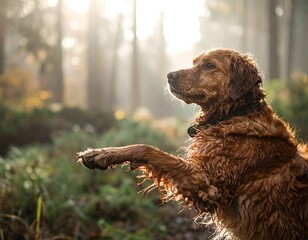 Golden retriever extends paw in a sunlit forest, wet fur glistening, with foliage and trees blurred in background