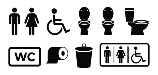 Vector art of restroom and accessibility icons in black and white, isolated on white background, representing public facilities, gender identification, and inclusive design concept.