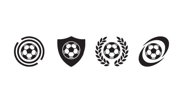 Set of modern soccer logo vector templates featuring footballs inside shields, wreaths, circles, and swooshes for sports team branding and badges.