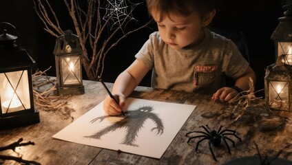Young boy drawing a scary monster by candlelight in a spooky setting.