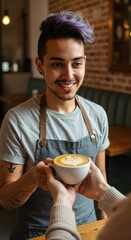 Non-binary person barista handing over a latte with beautiful latte art to customer. Non-binary at work concept. Inclusion and diversity.