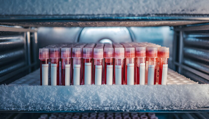 Blood Sample Tubes in a Freezer for Medical or Science Usage Representing Freezing Cold Temperatures for Research and Development of Medications or Vaccines