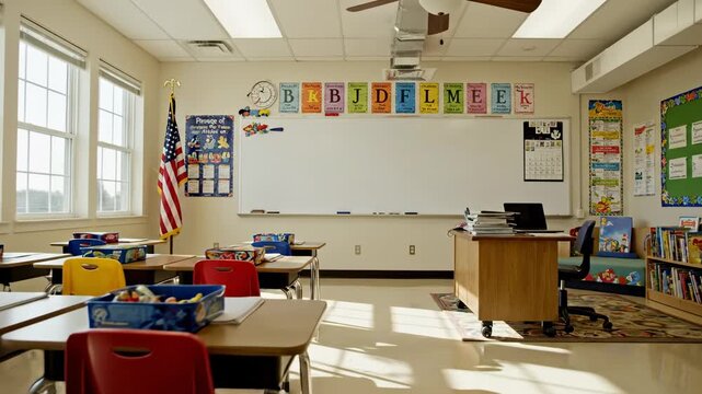 Empty elementary classroom with American flag and alphabet banner, sunlit desks and teachers office desk, ready for education footage.