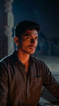 Vertical video of a young Indian man doing puja and meditating on Maha Shivaratri night. Warm candlelight and prayerful mood in a spiritual ritual. Om Namah Shivaya mantra concept.