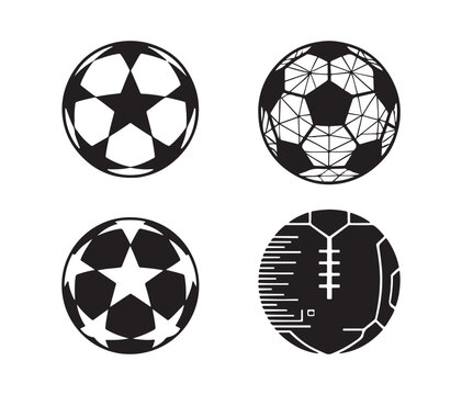 Abstract geometric soccer ball vector collection featuring footballs with polygon mesh, star patterns, and digital circuit board designs for modern sports logos.