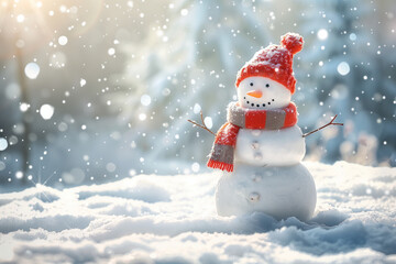 Fototapeta premium Merry christmas and happy new year greeting card with copy-space. Happy snowman standing in winter christmas landscape. Snow background