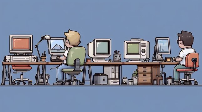 Retro Cartoon Illustration of a Programmer at a Desk with Vintage Computers