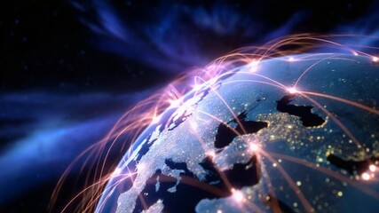 A mesmerizing visualization of a technological network across the globe, highlighting the intricate and interconnected pathways of digital communication that spans continents and unites cultures.