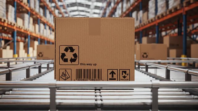Cardboard box on conveyor in warehouse