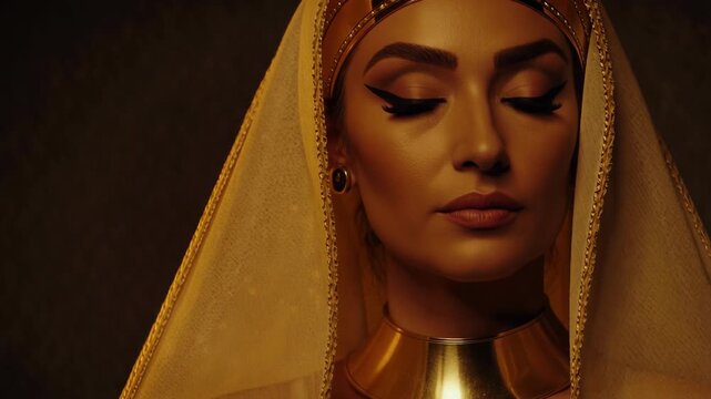 Close up portrait of Egyptian woman with ancient beauty vibe features posing in studio with warm lighting, isolated face of stunning female model looking camera.