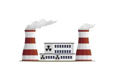 nuclear power station, nuclear power plant facility with cooling towers and a building displaying the radiation symbol, International Ionizing Radiation Danger Symbol, future energy