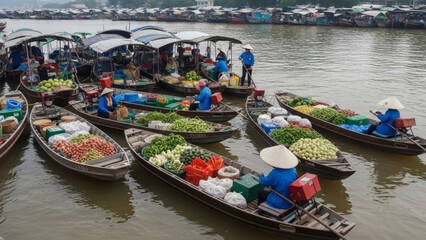 Obraz premium Vibrant floating market with boats loaded with fresh produce on a river