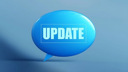 Glossy blue speech bubble with the word UPDATE in white letters inside a rectangular frame, isolated on a gradient blue background.