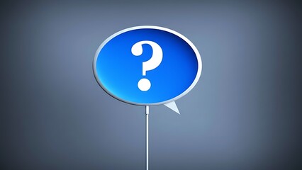 Bright blue speech bubble icon with white question mark on a simple gray gradient background, 3D render, symbolizing questions, confusion, or seeking information.