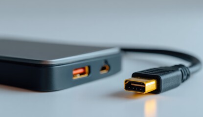 Close up of a black power bank with an HDMI cable.