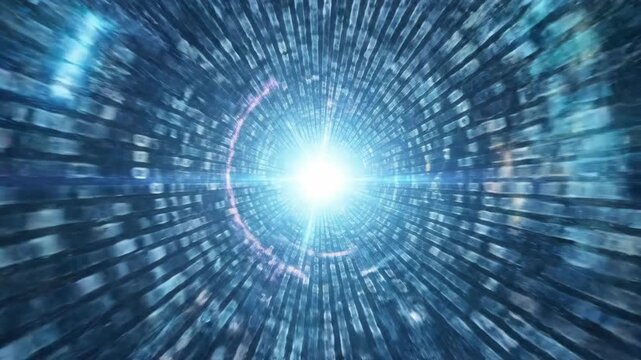 Abstract Digital Tunnel With Binary Code Streaks and Bright Light At The End