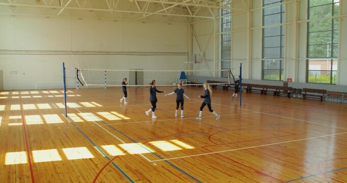 Girls move around the court, receiving and hitting the ball, one of the volleyball players serves the ball.