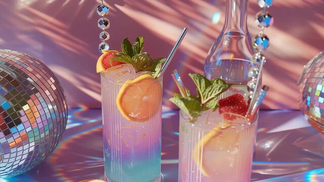 Two colorful gradient cocktails in tall glasses on a mirrored table. Prismatic reflections shimmer in neon glow as the shot pulls back. Y2K drink visual for branding and ads.