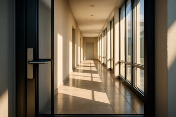 Fototapeta premium Long, modern office or hotel corridor, sunlight creating abstract shadows on the tiled floor and casting light through windows
