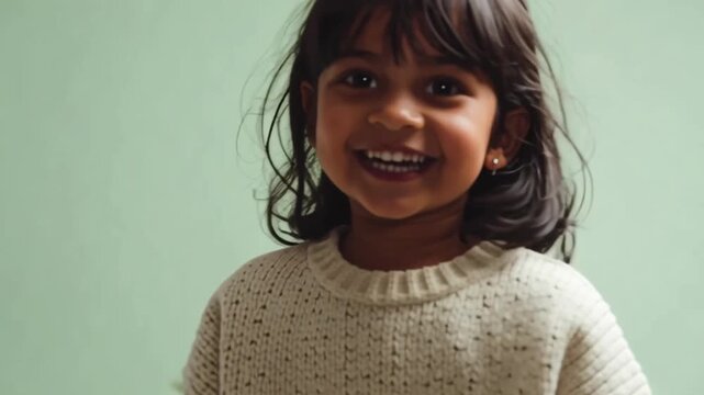Indian little girl holds a wrapped gift box and smiles gently. Simple indoor background with soft warm light. Christmas present, giving and kindness concept for holidays.
