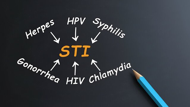 Handwritten text on a dark chalkboard illustrating STI acronym with diseases like Herpes, HPV, Syphilis, Gonorrhea, HIV, and Chlamydia connected by arrows.