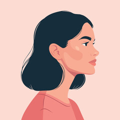 A vector illustration of a modern woman's profile portrait. She features a bob hairstyle, a beautiful face, and a soft pastel background. Ideal for beauty and fashion projects, social media avatars © AyaLinesDesign