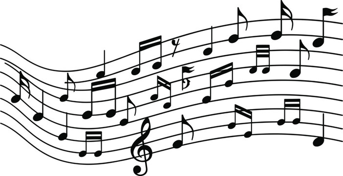 Abstract musical notes on wavy pentagram staff lines for creative sound melody and classical symphony composition performance theme