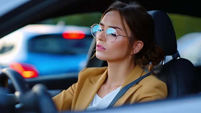 A Frustrated Driver Pondering a Traffic Jam in Her Stylish Car While Wearing Glasses, Expressing Discontent and Contemplation Over Delays and Urban Commute Challenges in a Busy Environment.