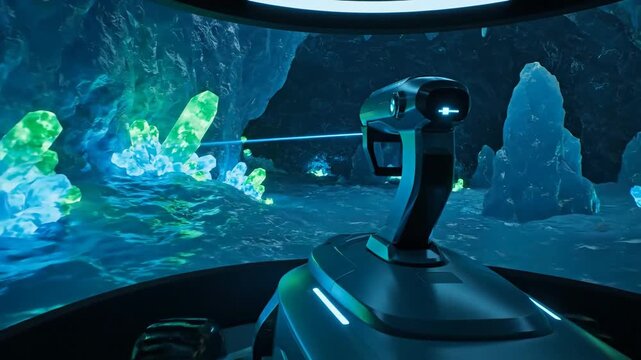 Futuristic submarine interior with joystick control, exploring a crystal cave underwater.