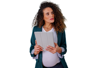 Pregnant business woman holding tablet thinking and planning career future, managing tasks, transparent background