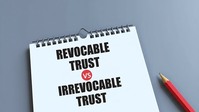Open spiral bound notepad with bold black text comparing revocable trust versus irrevocable trust with a red pencil on gray surface