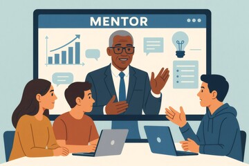 Young entrepreneurs collaborating in a meeting, getting strategic advice and mentorship from an older business expert displaying growth charts