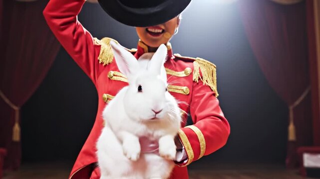 Asian woman magician performs classic rabbit out of a top hat trick on stage, magic show footage