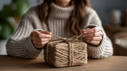 Hands tying twine around an eco friendly wrapped gift, natural elements on the table highlighting care for environment and meaningful presentation. cinematic color correction, natural uneven