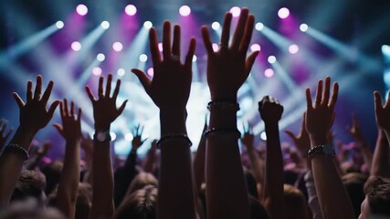 Crowd of people clapping hands at concert, celebrating live music performance. Audience raising hands at music show footage.