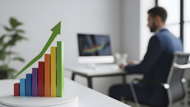 Colorful 3D bar chart with upward arrow in modern office showing financial growth and data analysis - Powered by Adobe