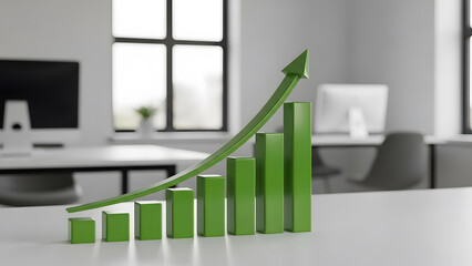 Green bar chart with upward arrow on office desk in modern workspace with computers and windows
